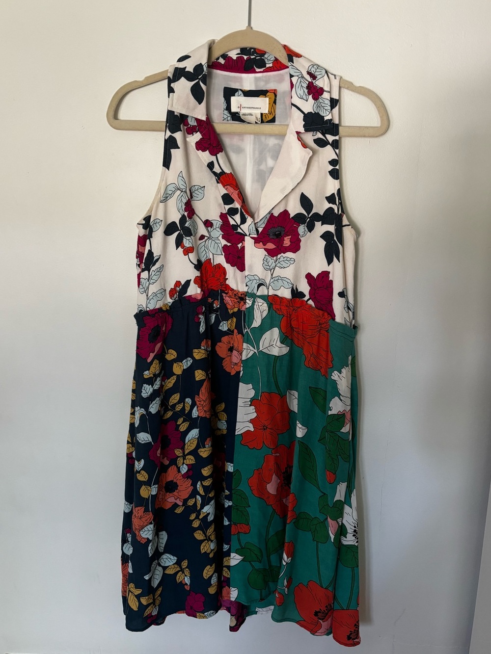 Anthropologie Sleeveless Floral Patchwork Midi Dress in White, Black, Green, Red